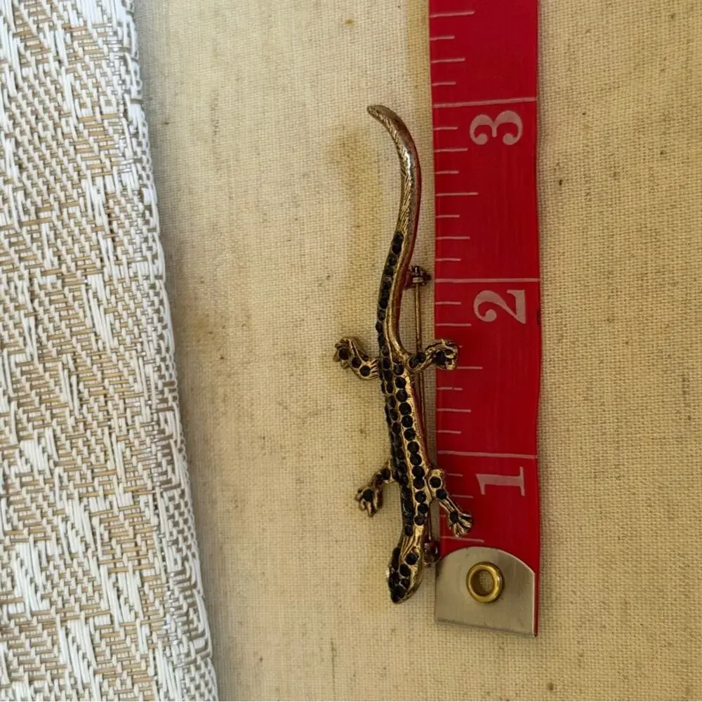 vintage Gold and Black rhinestone Lizard Brooch